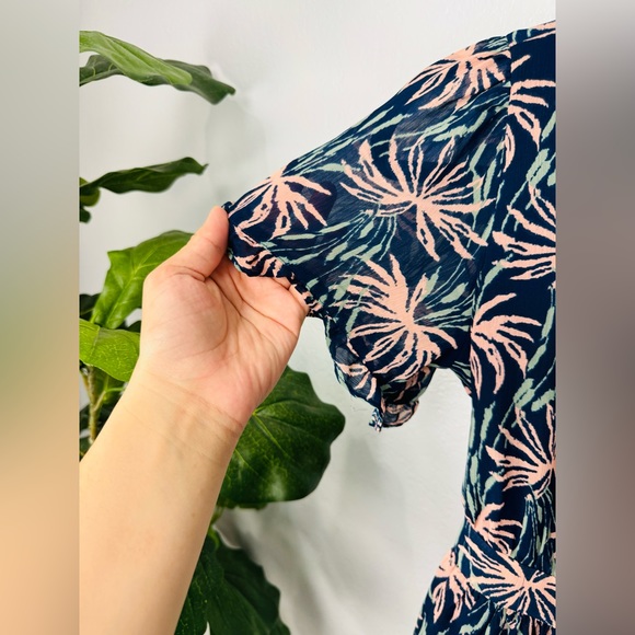 Madewell Ruffle-Sleeve Midi Chiffon Blue Peach Dress Oasis Palms - Picture 4 of 7